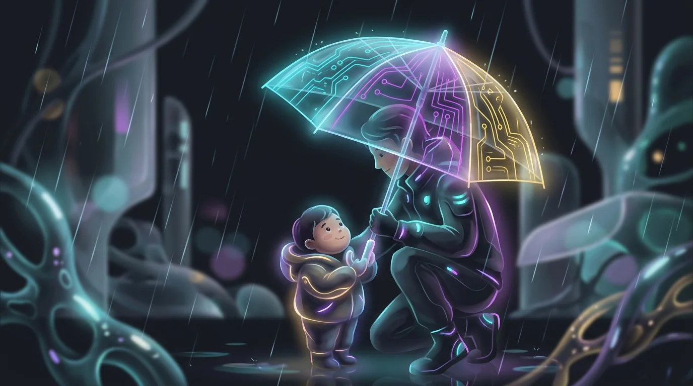 Parent holding a large umbrella over a child, symbolizing life insurance protection for your family's future.