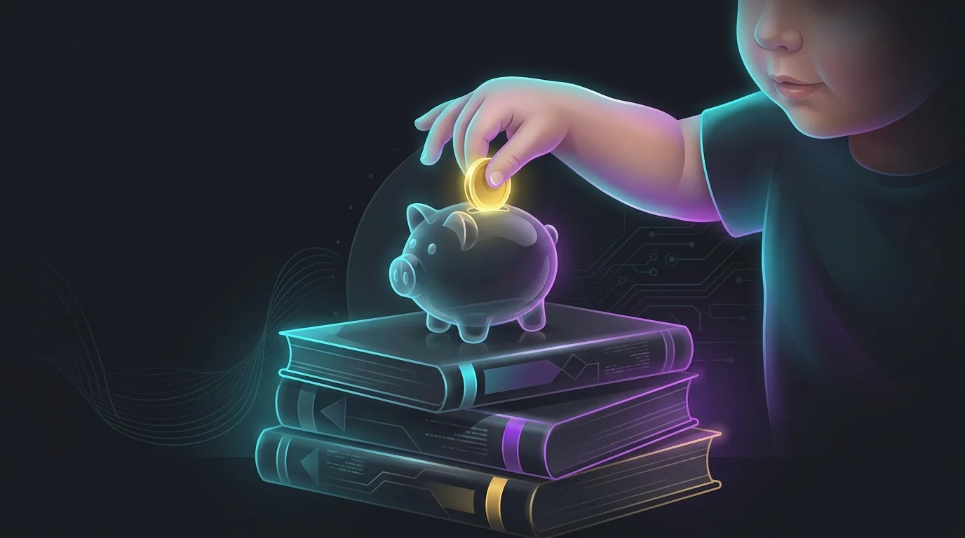 Toddler placing a gold coin into a piggy bank atop university textbooks to illustrate 529 college savings planning.