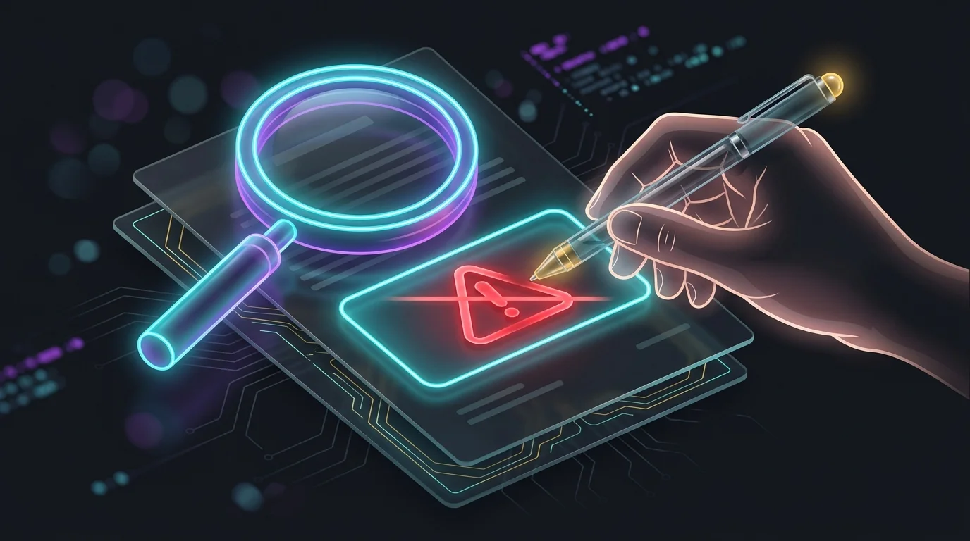 Magnifying glass over an investment document highlighting a red warning symbol to spot potential scam risks.