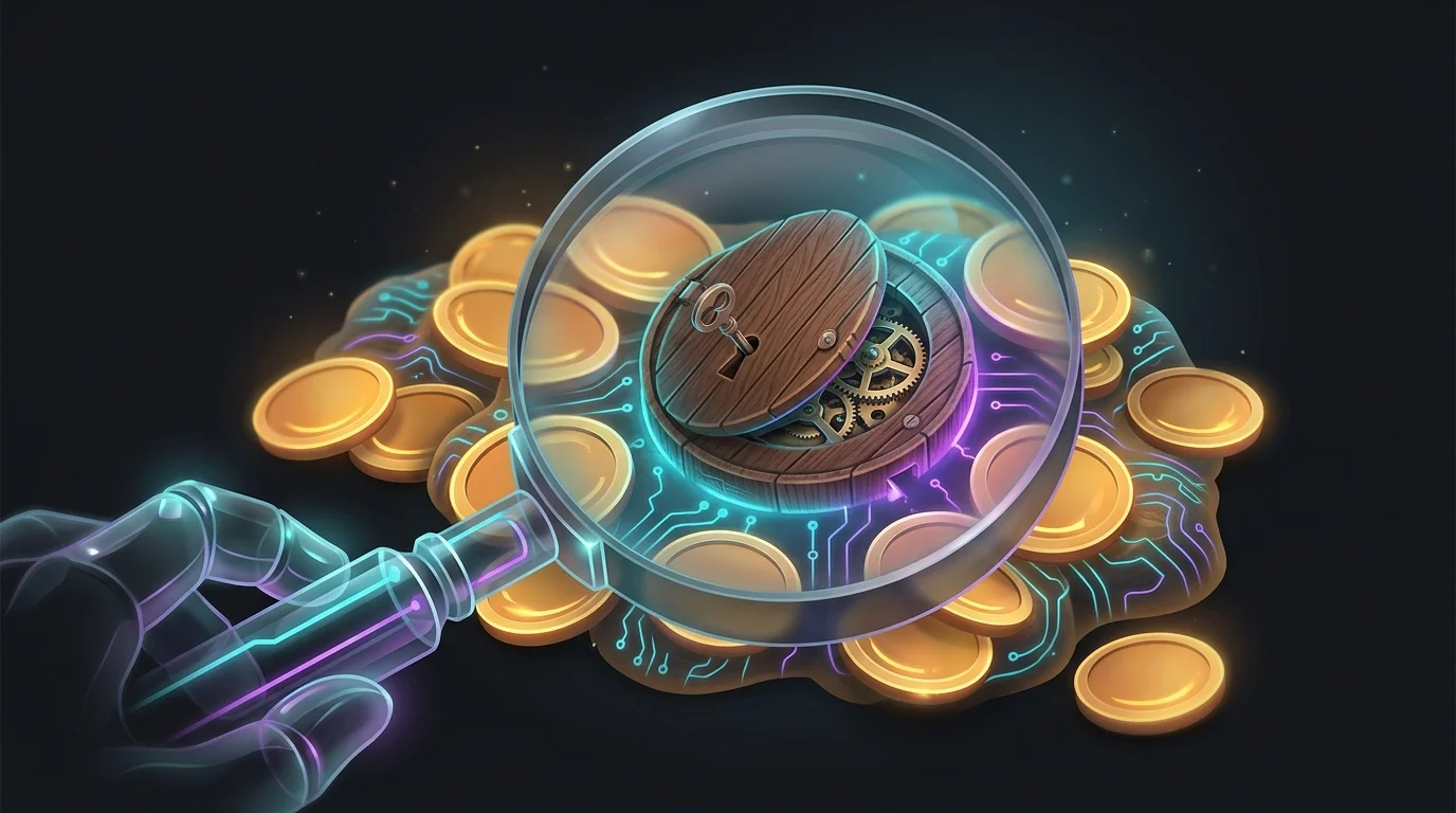 Magnifying glass revealing a hidden trapdoor in a gold coin to illustrate common investment scam patterns.