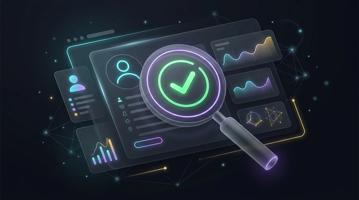 Magnifying glass over a screen showing a verified investment firm registration to avoid scams.