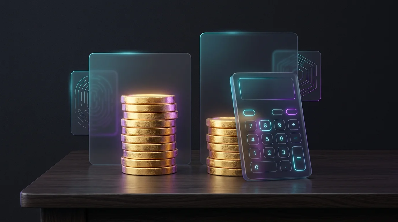 Calculator beside gold coin stacks representing higher net savings in rural vs urban cost of living comparisons.