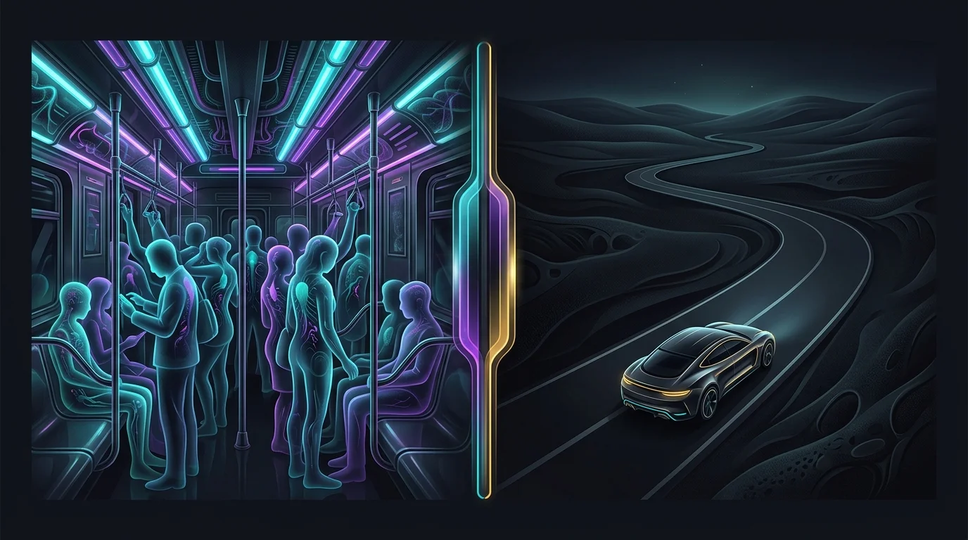 City subway car compared to a solitary vehicle on a rural highway to illustrate transportation cost of living differences.