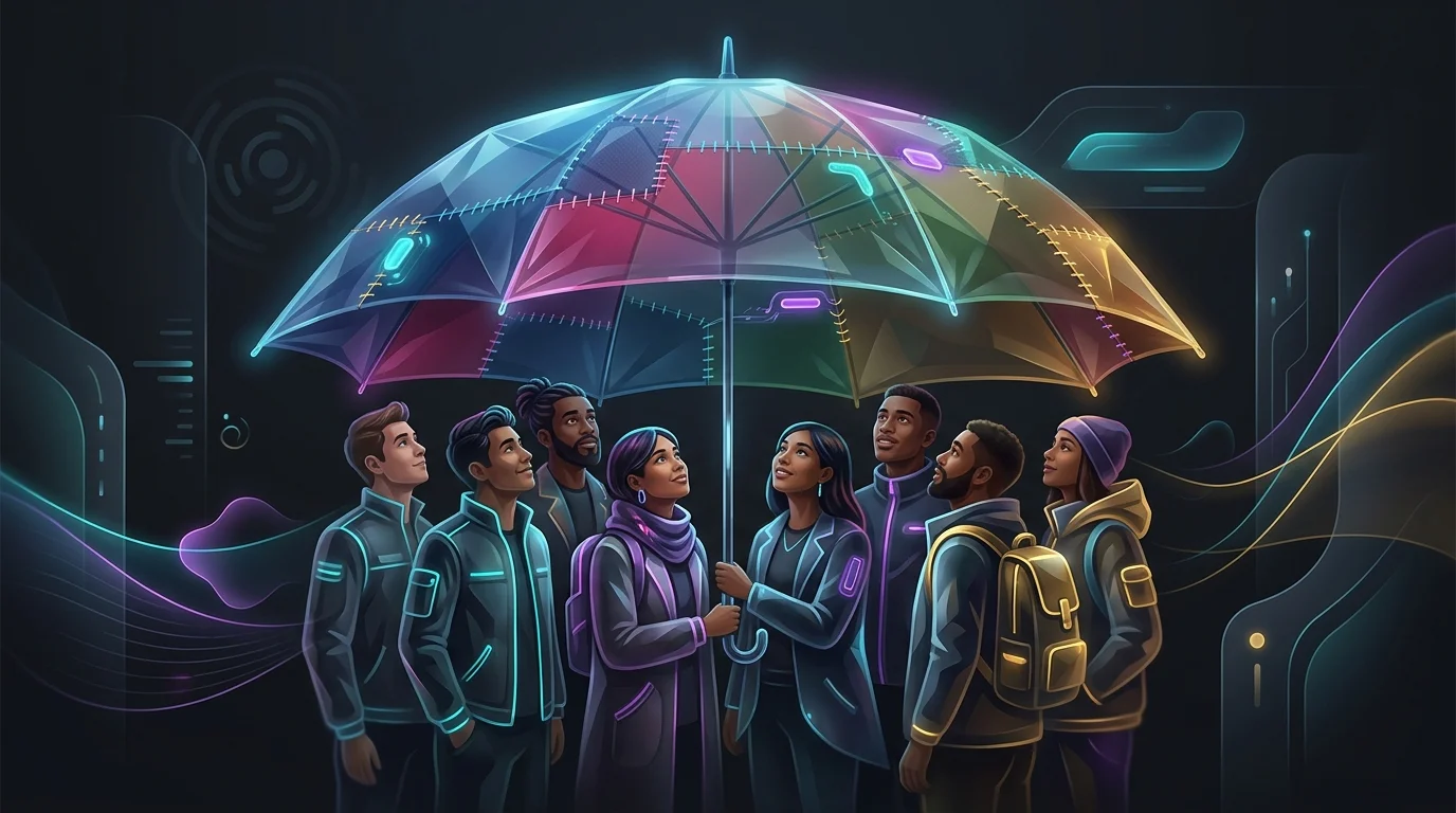 Diverse group standing under a patched, colorful umbrella representing tailored insurance for underserved communities.