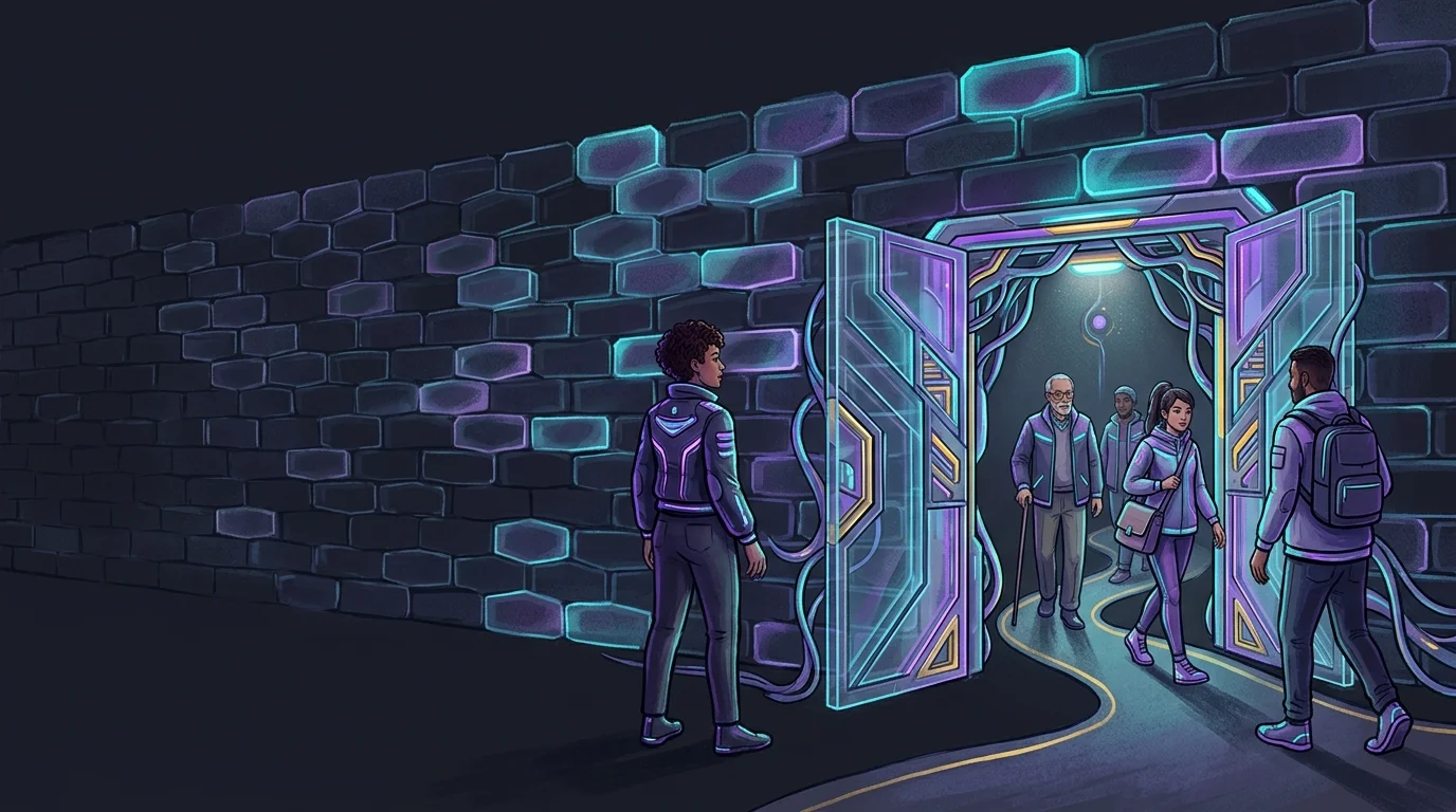 Person walking through a community bank gate in a brick wall to access inclusive demographic-specific finance tools.