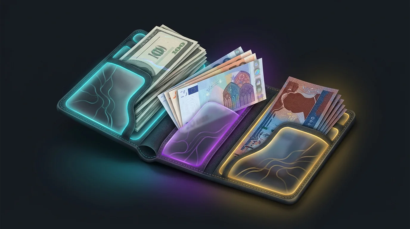 Open wallet showing a diverse digital nomad emergency fund with USD, euros, and local currency for financial security.