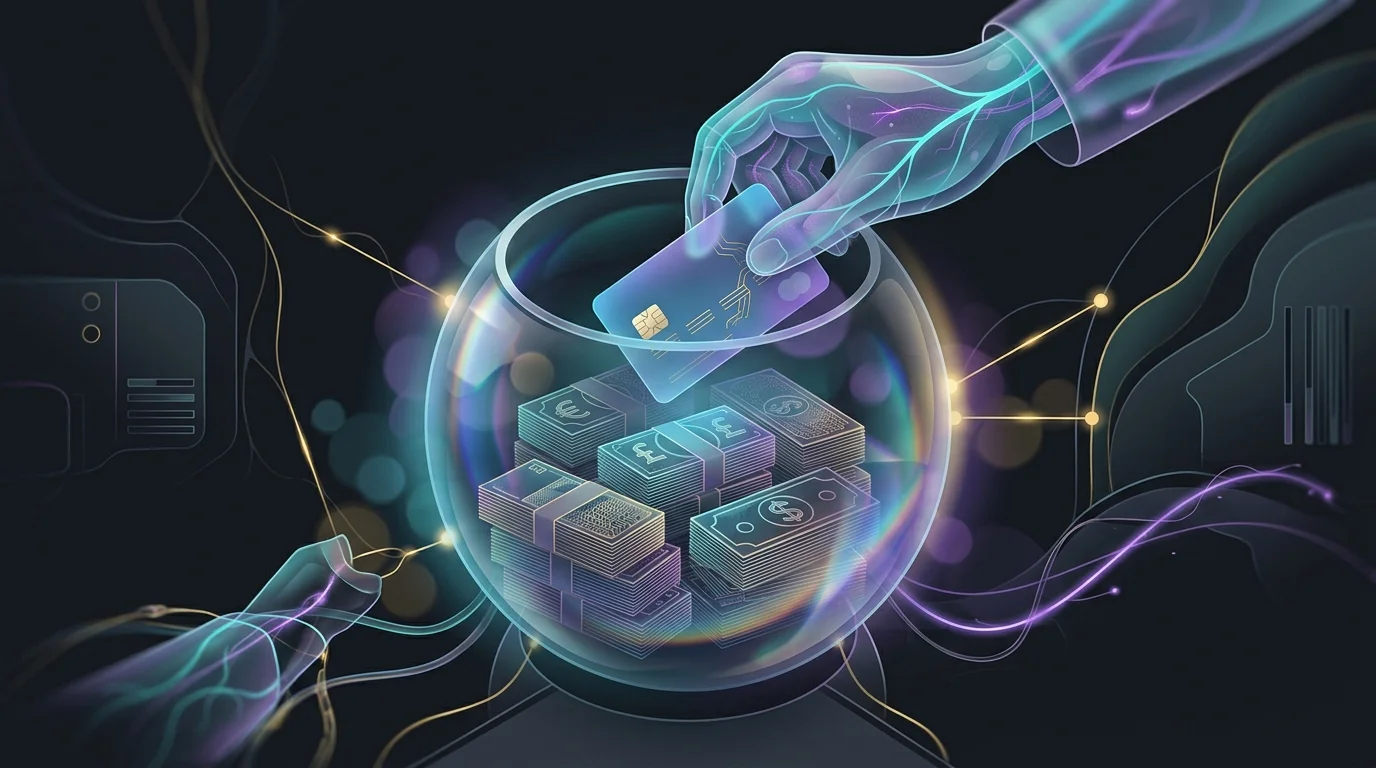 Debit card held inside a glass globe filled with international currencies for easier digital nomad money management.