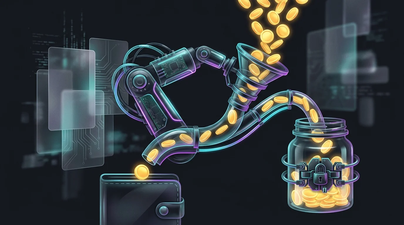 Mechanical arm diverting gold coins into a savings jar to automate an emergency fund for single parents.