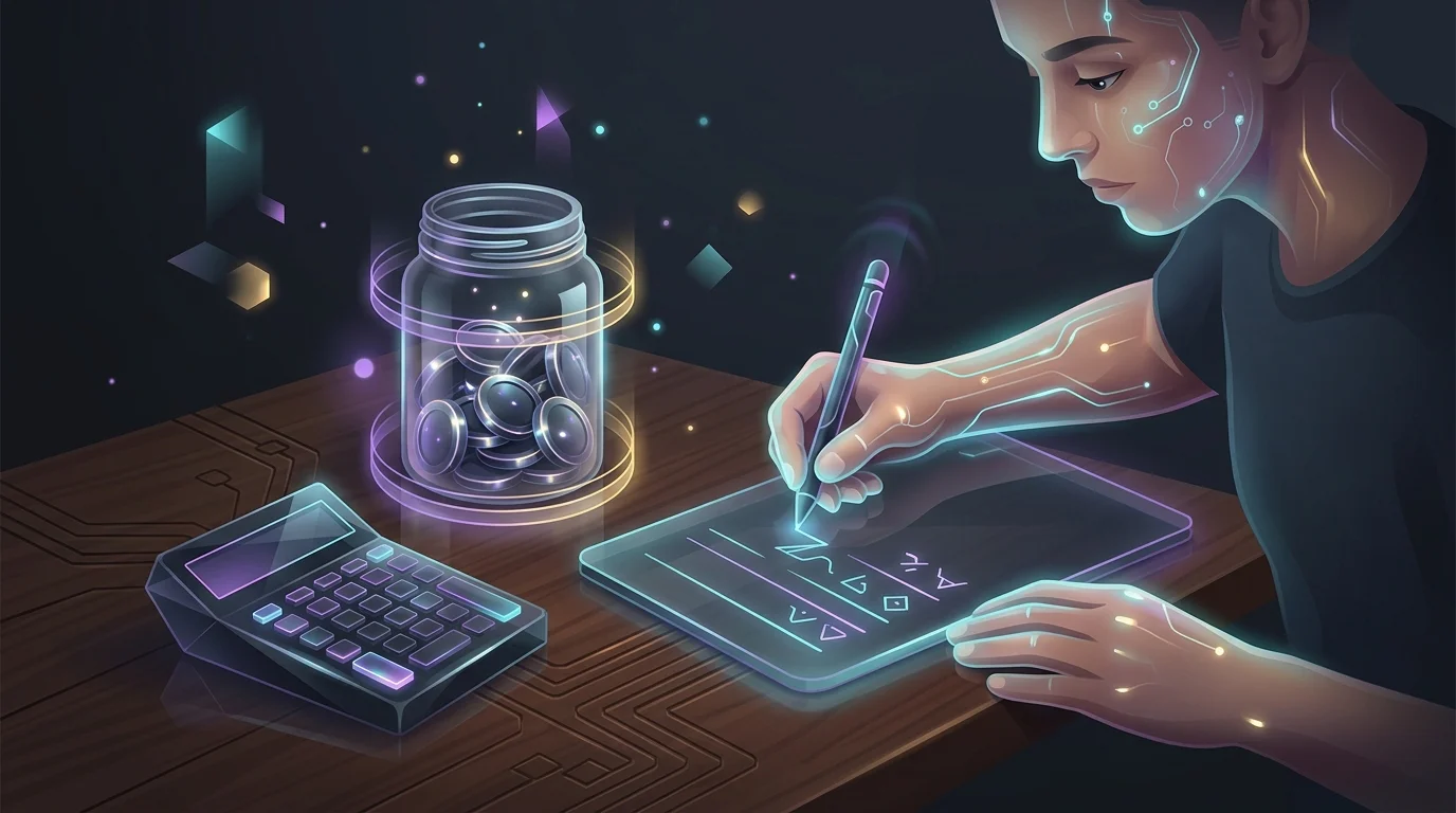 Person writing an emergency fund savings goal on a notepad next to a calculator and a jar of coins.