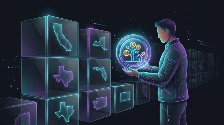 Person holding a glowing retirement account icon amidst moving boxes labeled with different state names.