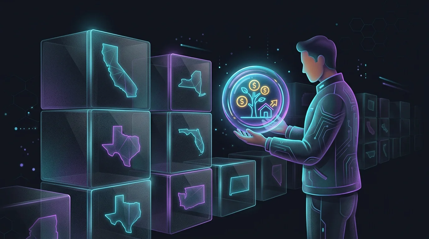 Person holding a glowing retirement account icon amidst moving boxes labeled with different state names.