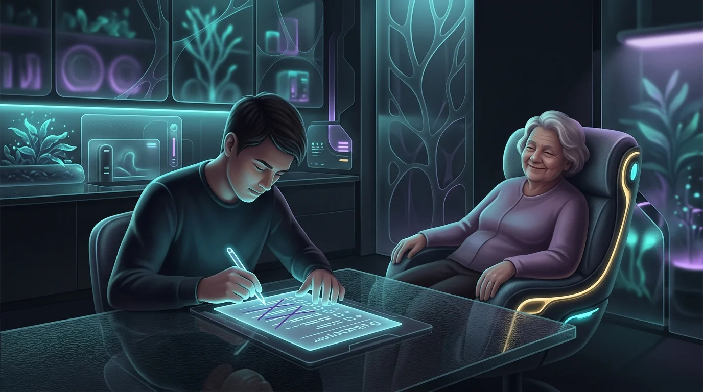 Person crossing out expenses on a budget list while a senior relative relaxes, helping manage care costs efficiently.