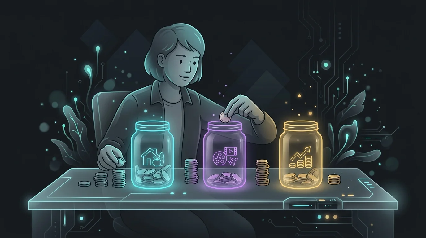Teacher organizing coins into jars labeled for needs, wants, and savings to manage a financial independence budget.