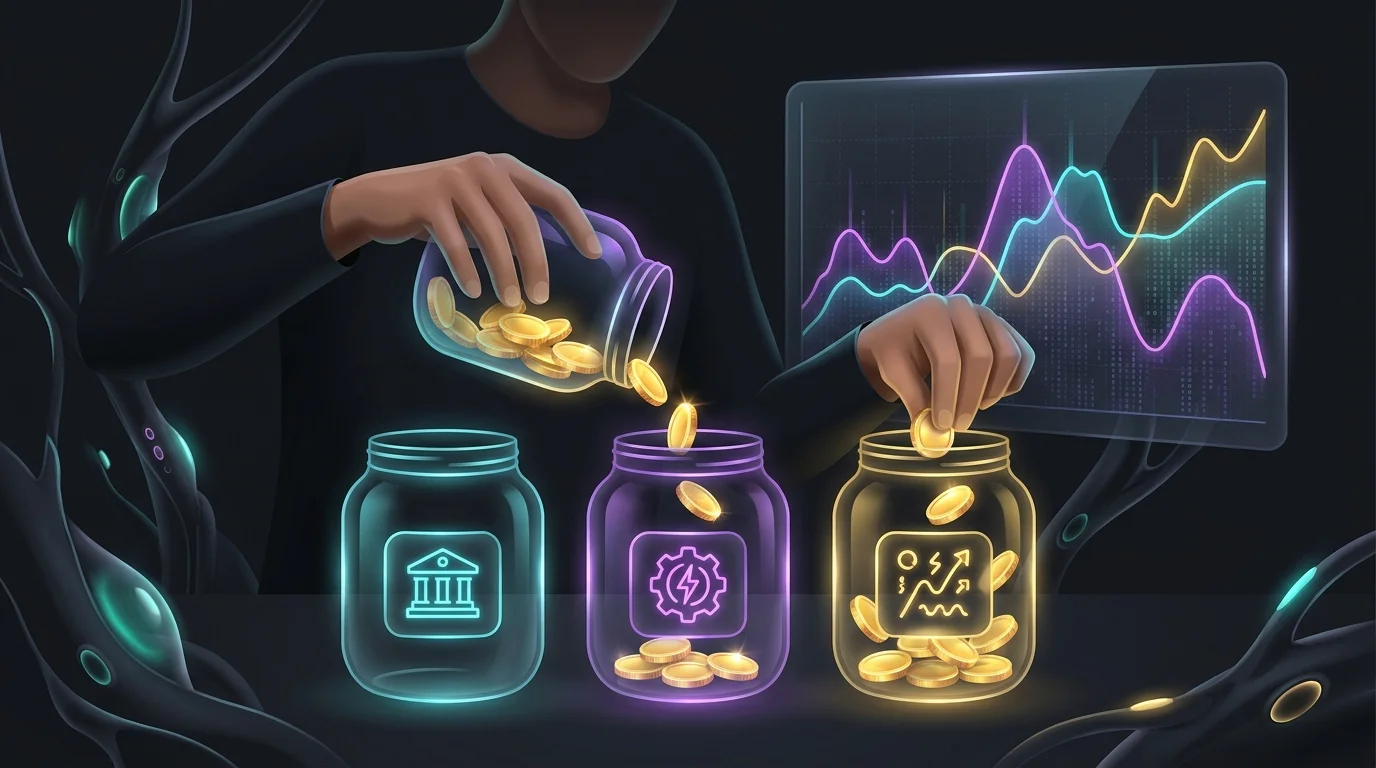 Person organizing gold coins into labeled jars for rent and variable expenses to manage gig economy wealth.