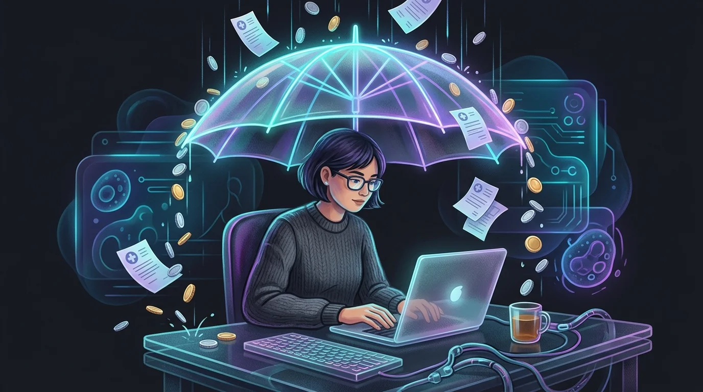 Freelancer working on a laptop protected by an umbrella representing disability insurance and wealth building coverage.