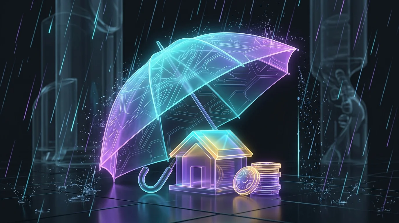 Umbrella shielding a house and coins from rain to represent financial protection and essential insurance coverage.
