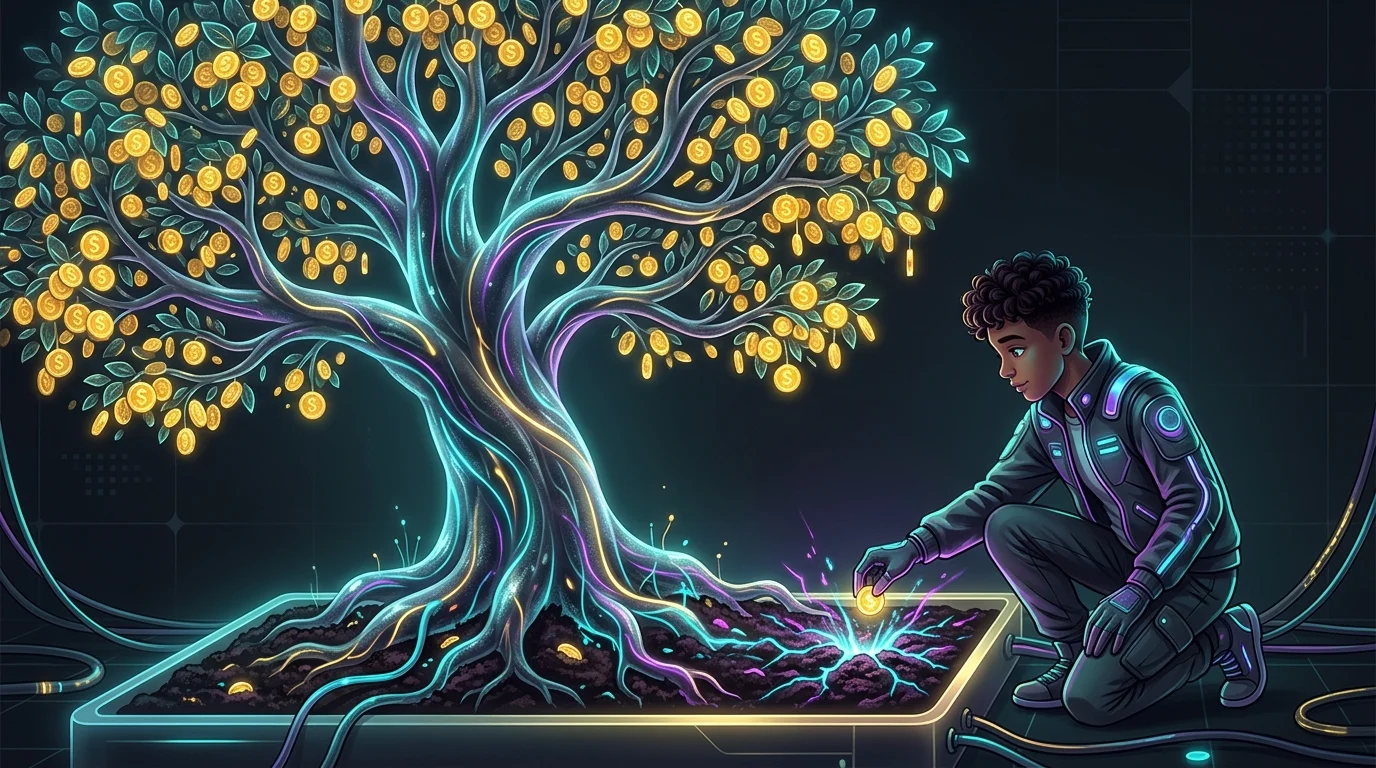Young person planting a coin into soil where it grows into a golden money tree, symbolizing early retirement savings.