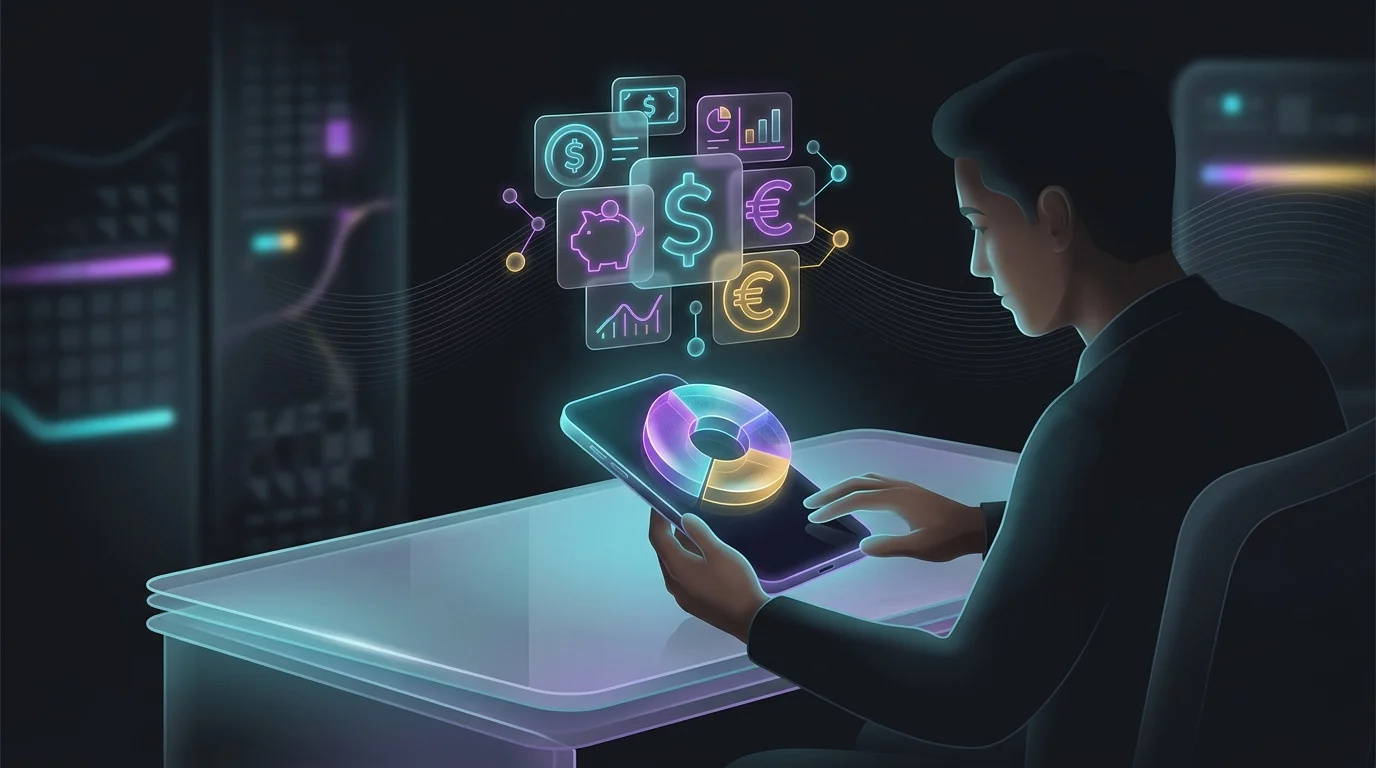 Person viewing a colorful expense pie chart on a smartphone to manage finances with an AI budgeting assistant.