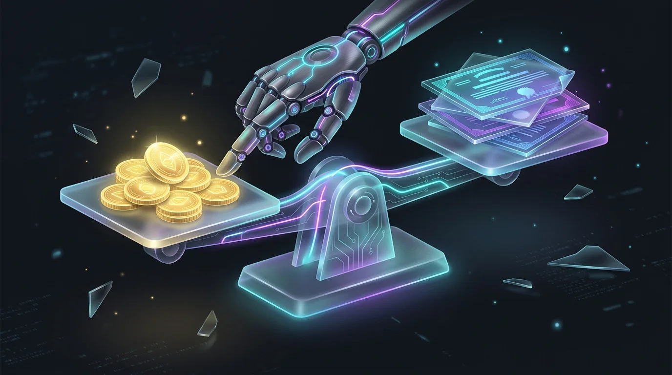 Robotic hand balancing gold coins and stock certificates to illustrate automated investment portfolio rebalancing.