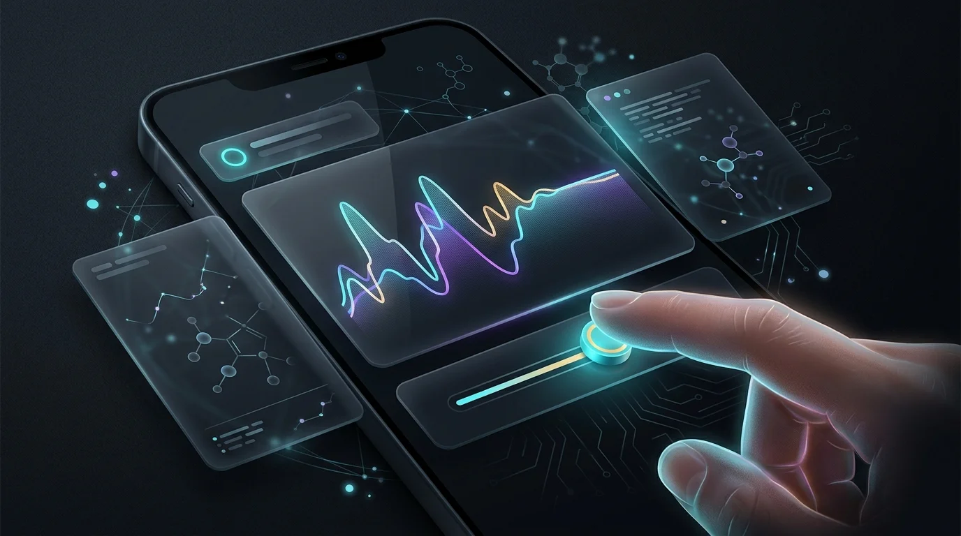 Smartphone screen showing a real-time AI cash-flow forecast graph adjusting as a user slides the digital control bar.