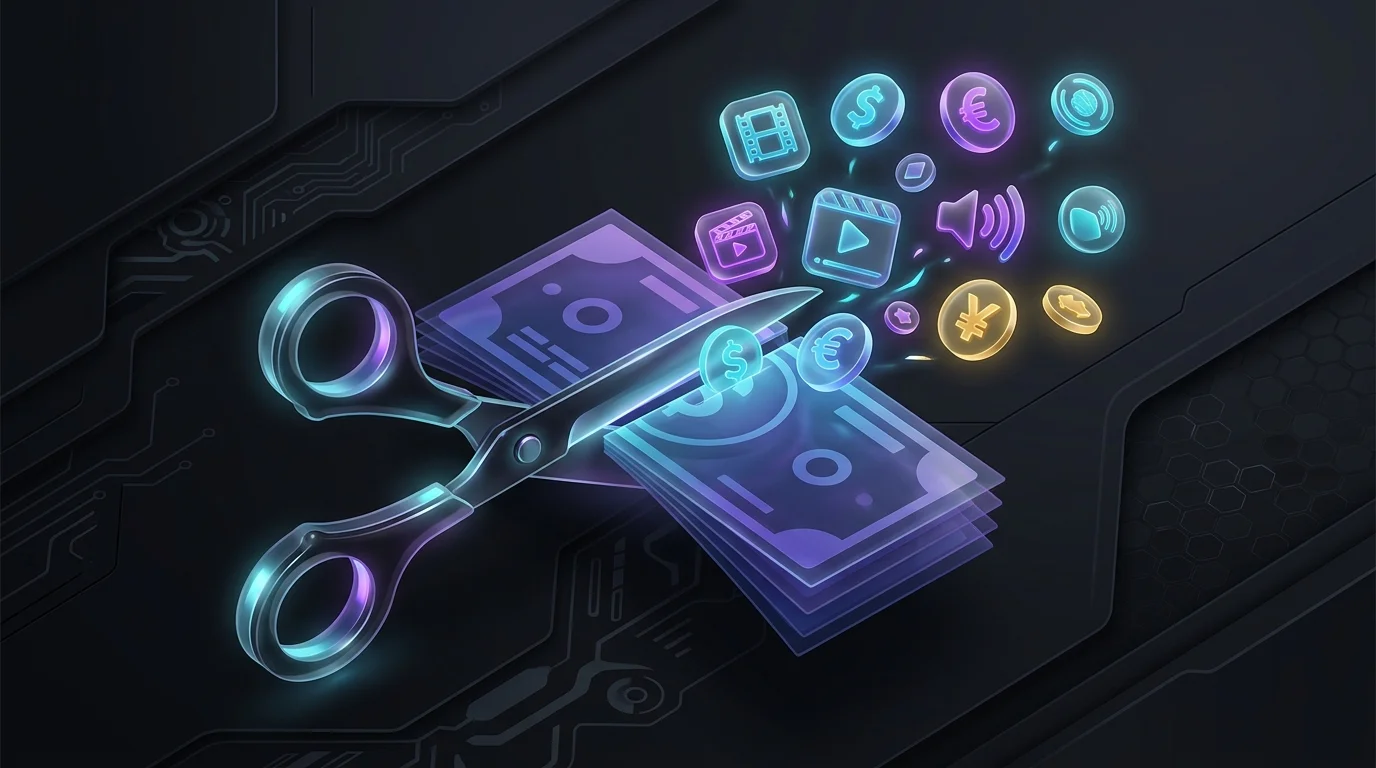 Scissors cutting paper bills to reveal digital streaming and currency icons, demonstrating AI bill-audit tools.