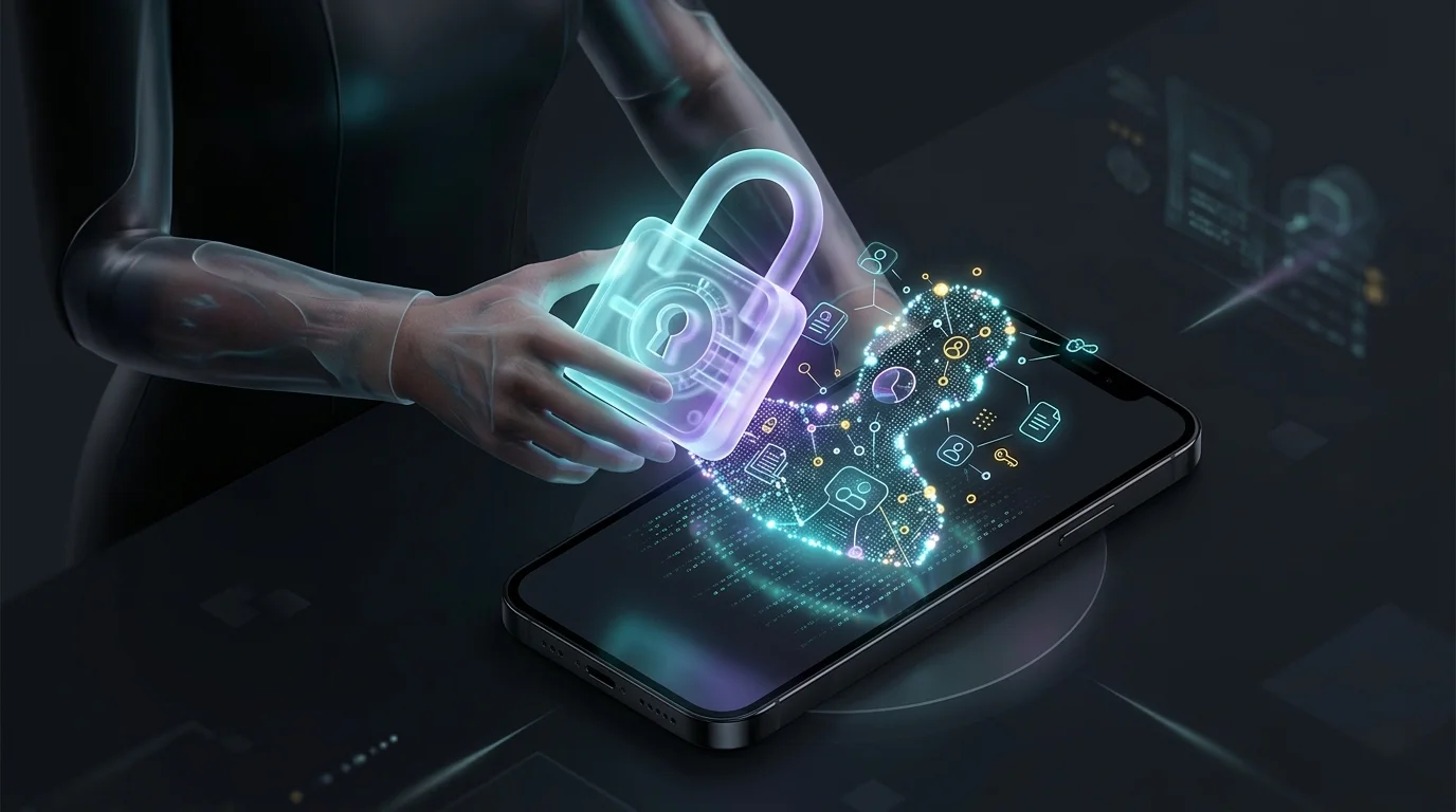 Digital padlock protecting personal data on a smartphone to prevent AI identity theft.