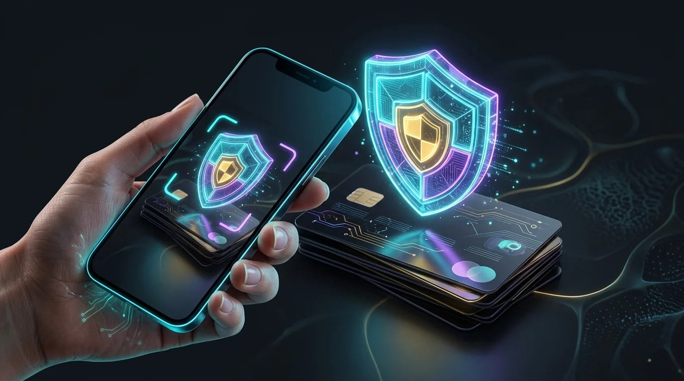 Hand using a smartphone to scan a digital shield over bank cards to secure financial accounts from AI scams.