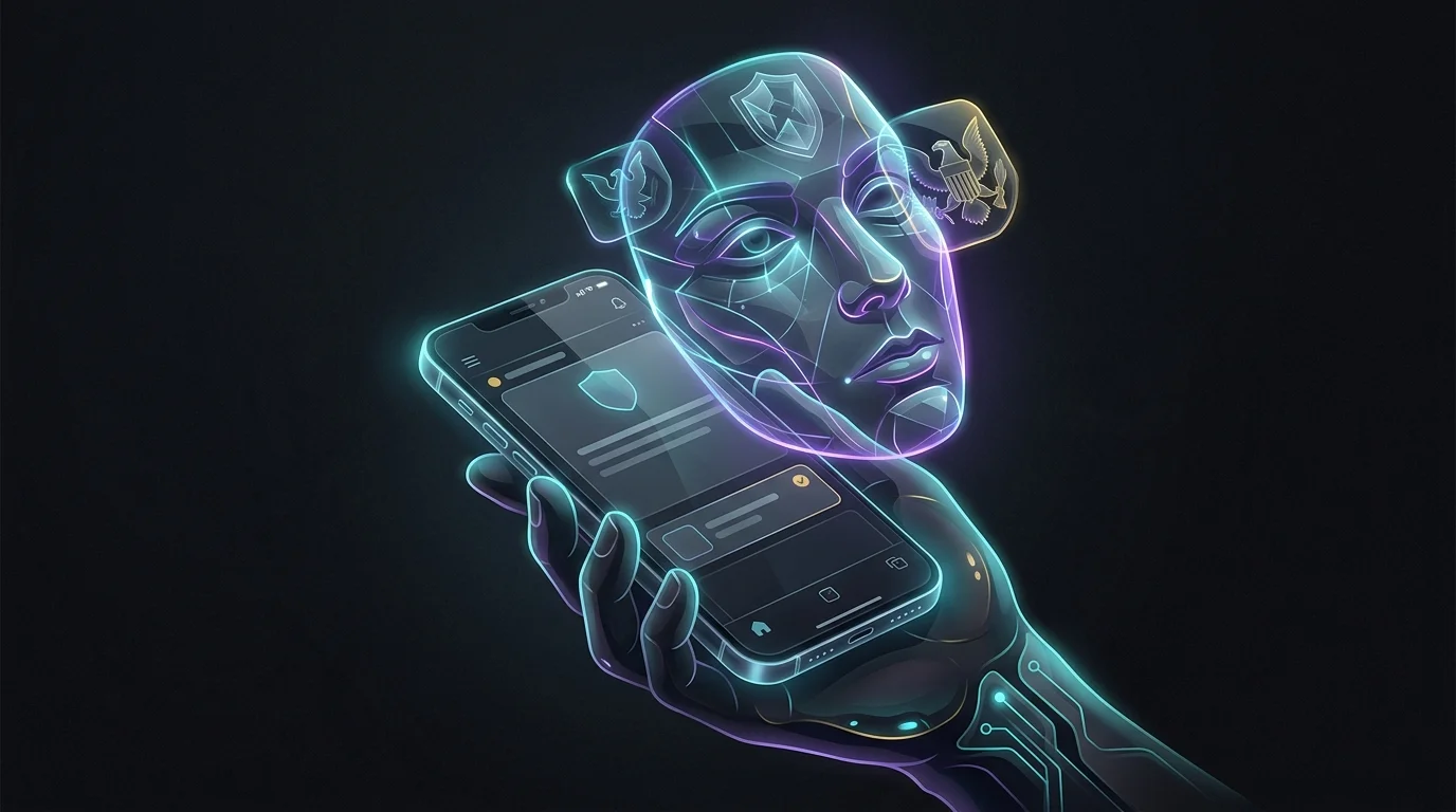 Smartphone showing a fake bank alert with a glowing digital mask morphing into faces to represent AI finance scams.