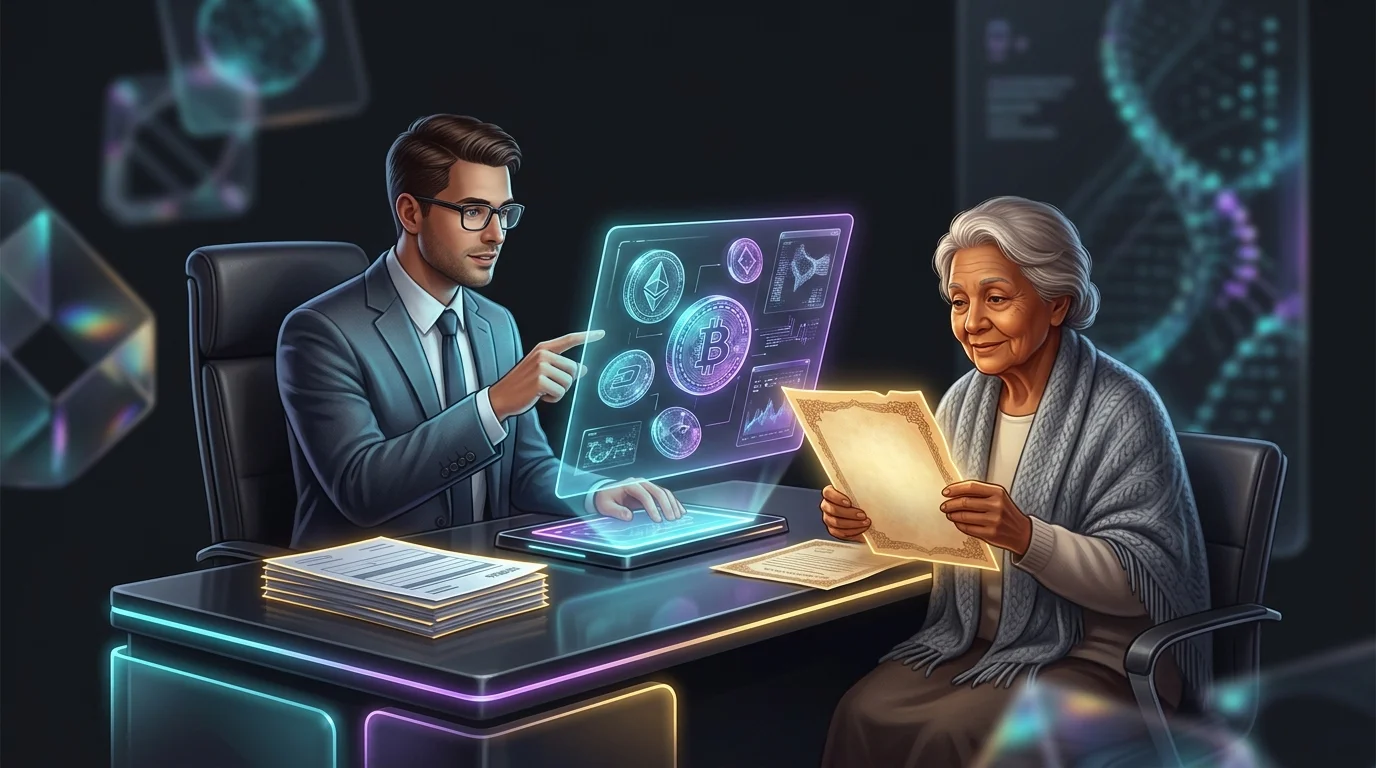 Accountant reviewing cryptocurrency assets and tax forms with a client for estate planning.