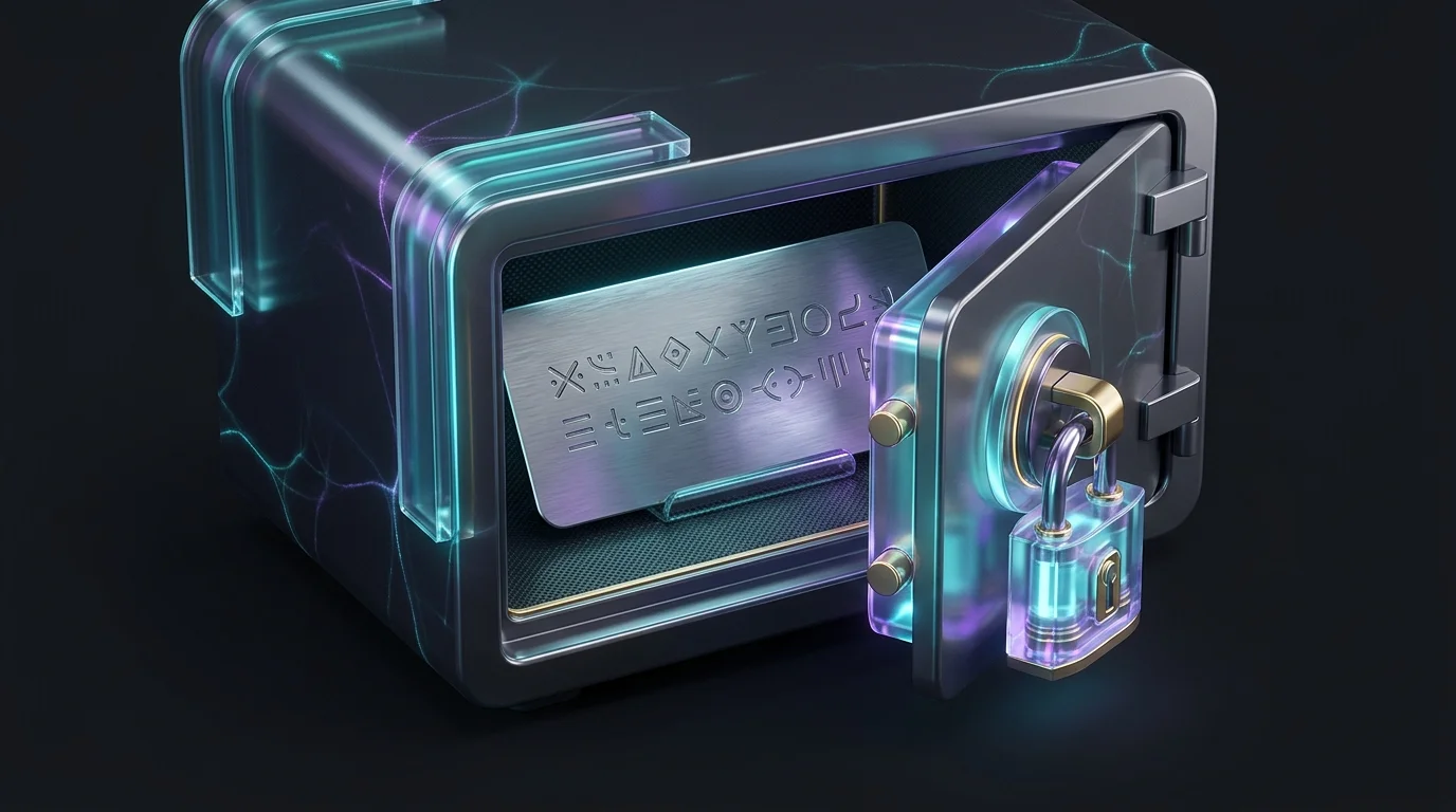 Metal seed-storage device engraved with a recovery phrase inside a locked steel safe for secure cryptocurrency estate