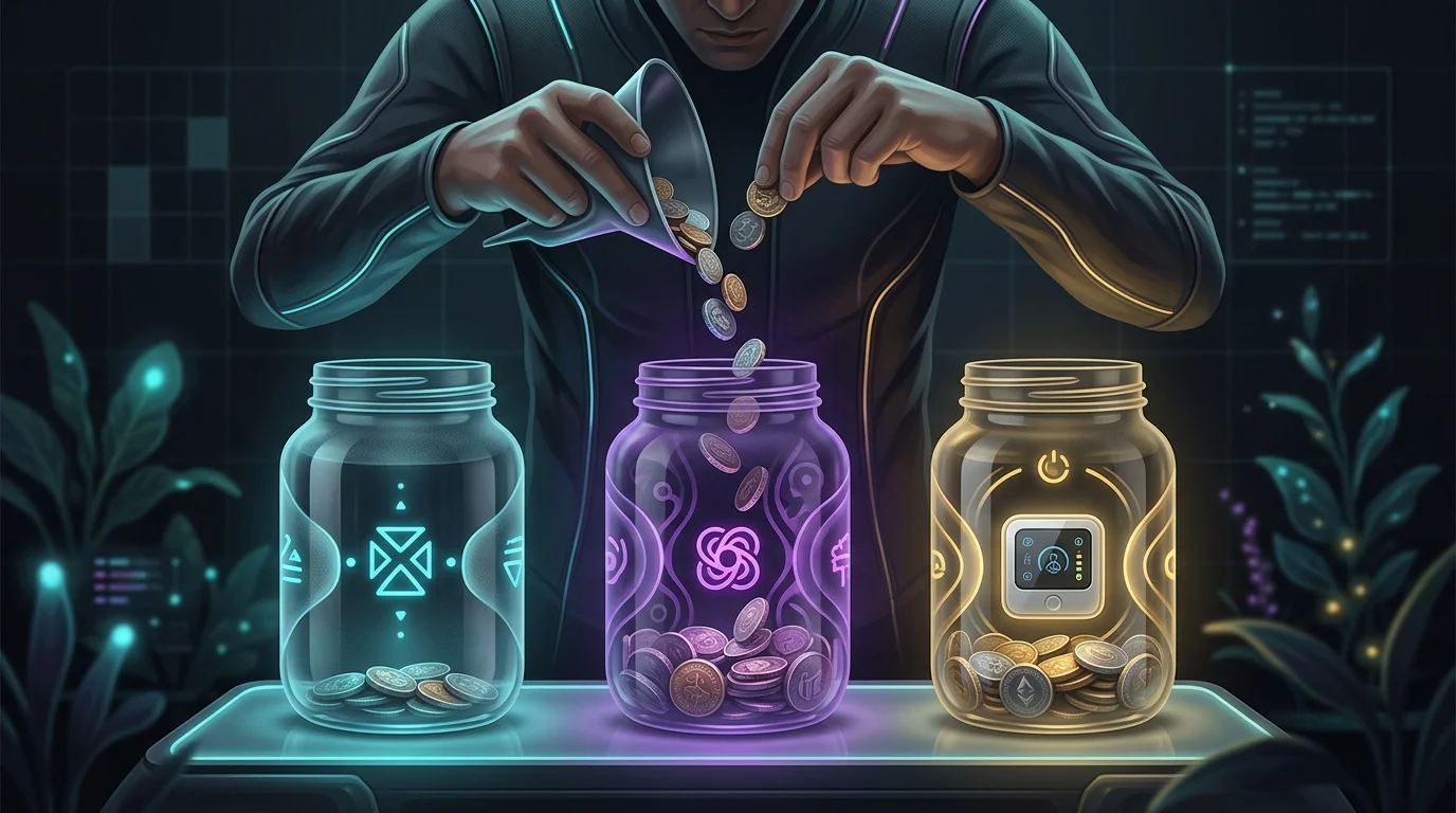 Hands pouring coins into jars representing the 50-30-20 budget for smart home technology upgrades.