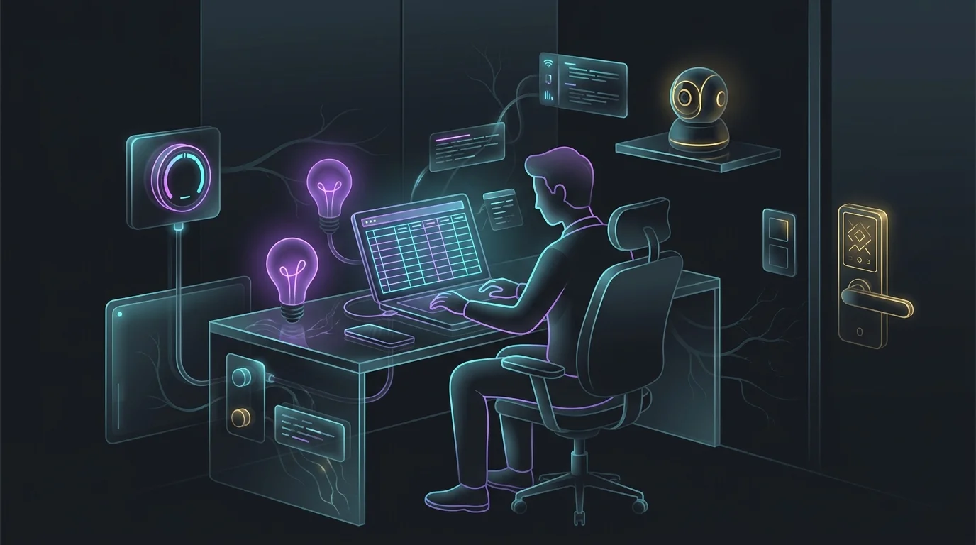 Person organizing smart home technology budget on a laptop spreadsheet surrounded by various automated devices.