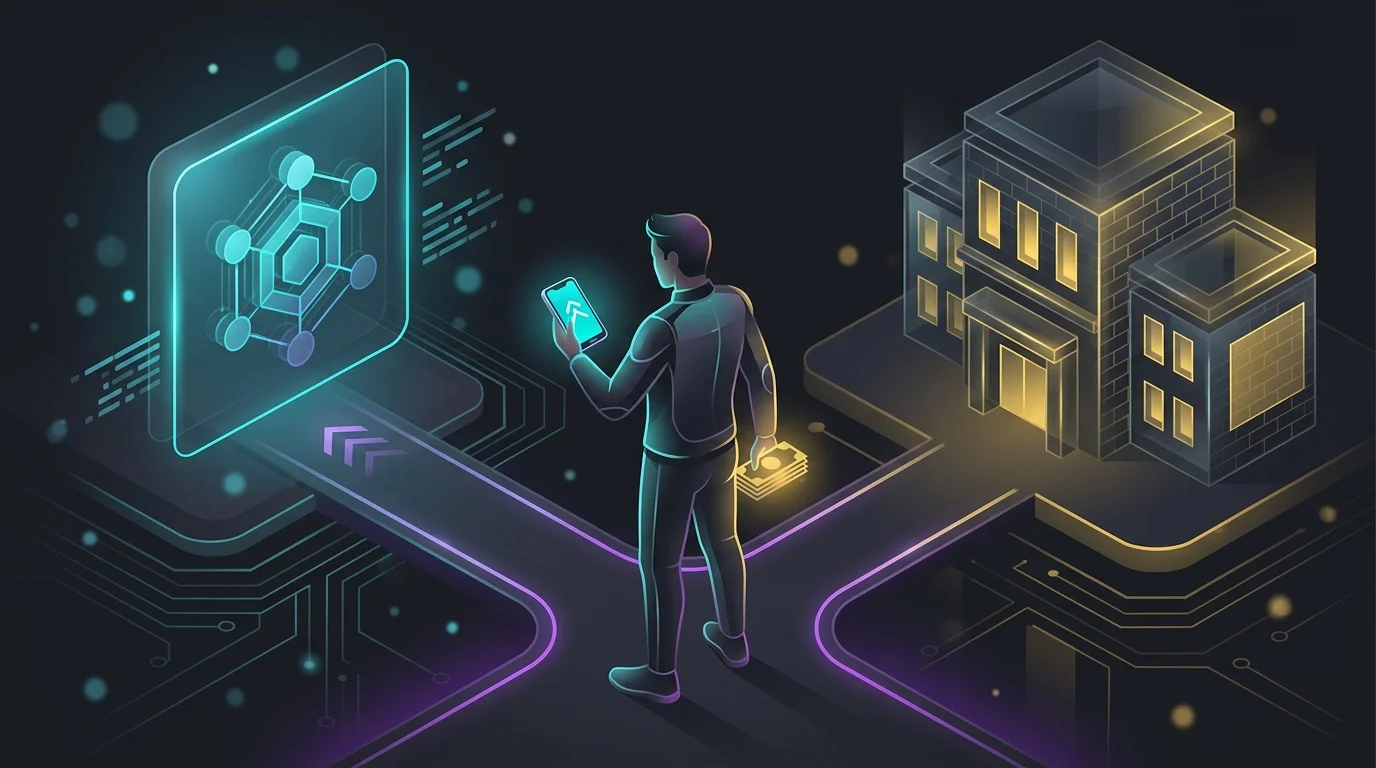 Person at a crossroads choosing between a digital banking app and a traditional brick-and-mortar bank branch.