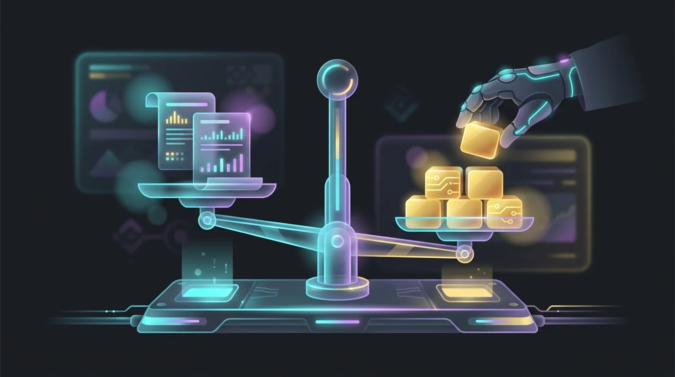 Person balancing weighted gold blocks on a scale to compare digital bank and traditional bank scoring factors.