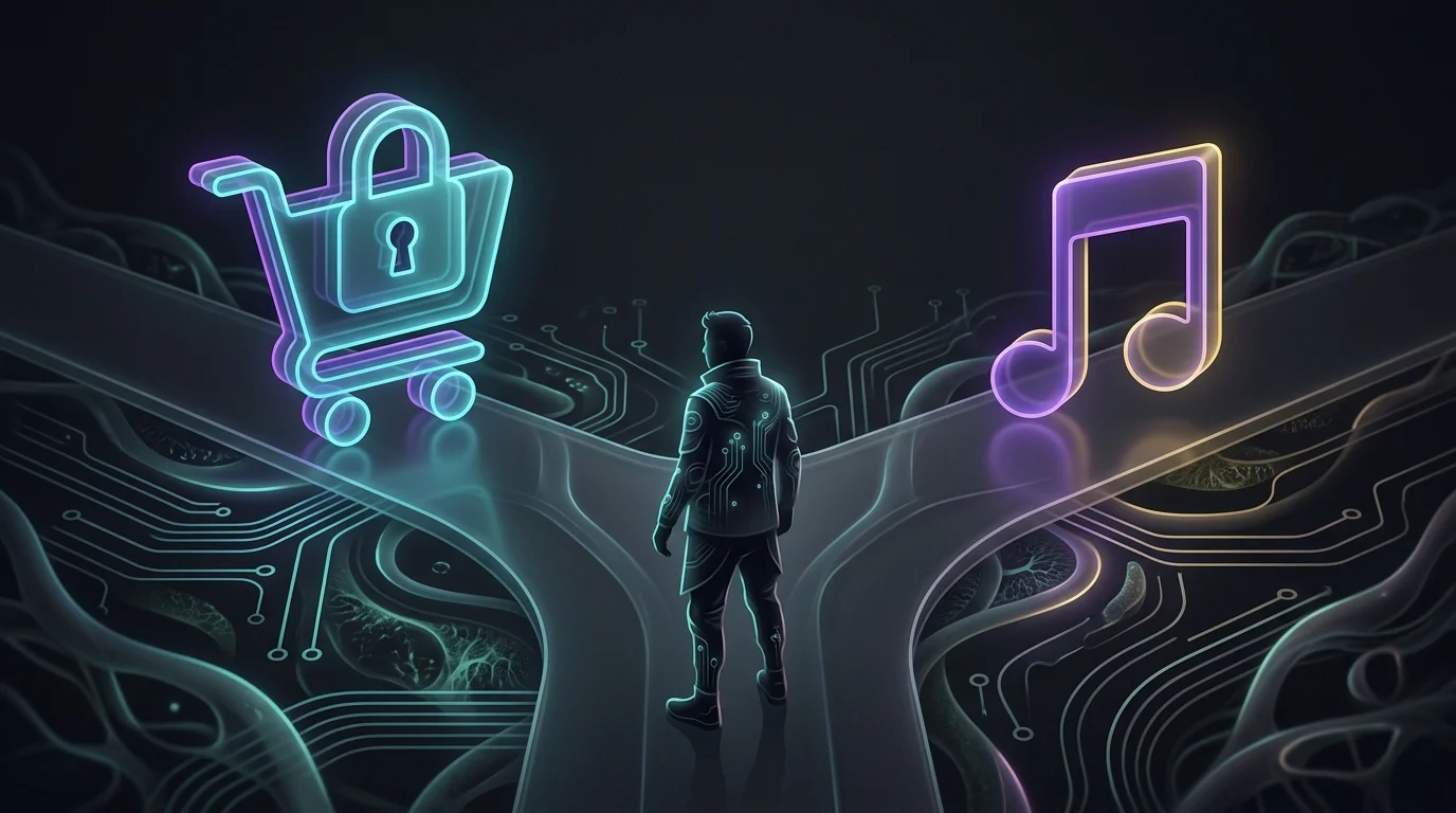 Person choosing between a secure shopping cart icon and a music note to separate profiles for smarter spending.