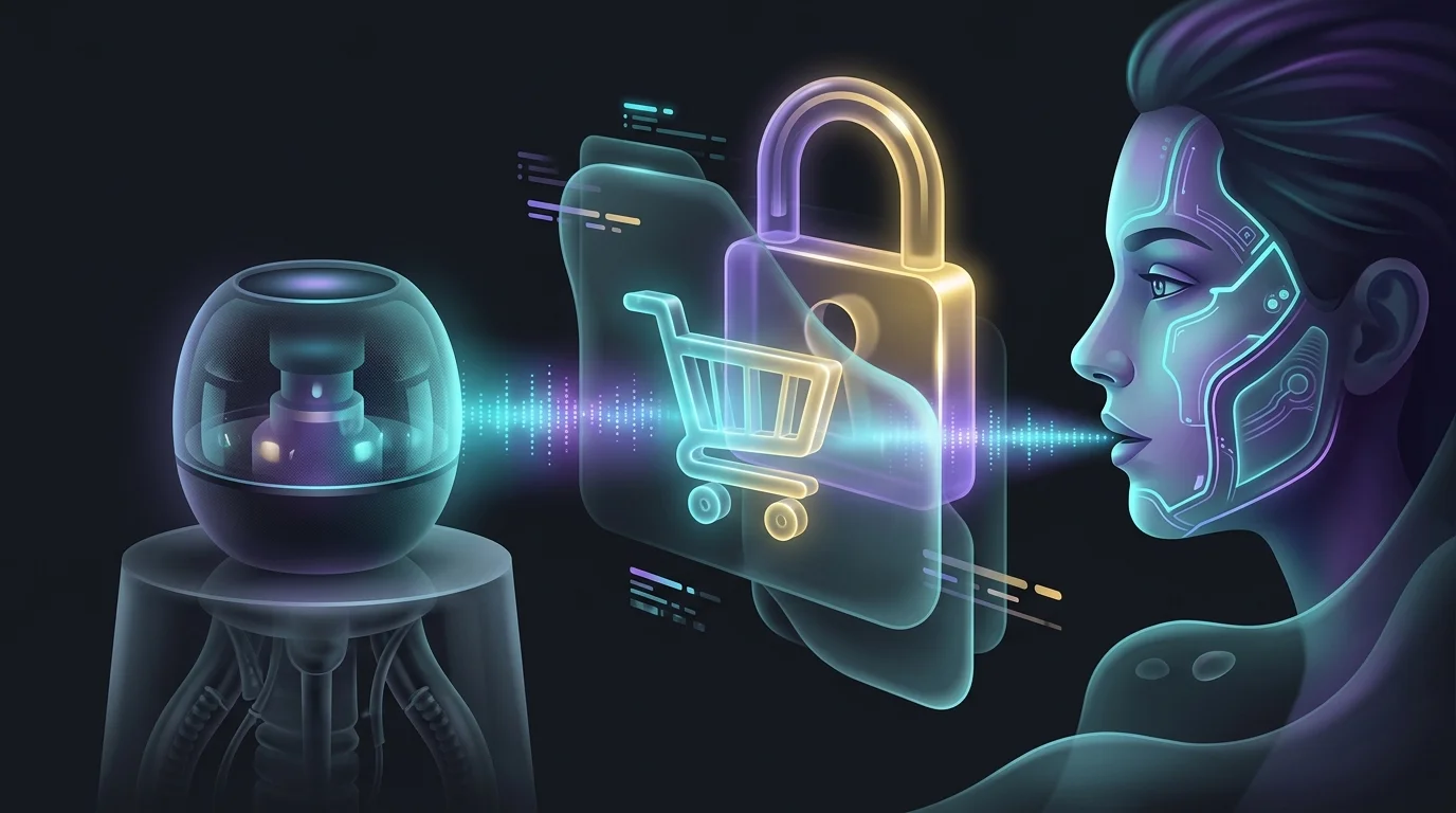 Smart speaker displaying a digital padlock to block an unauthorized purchase and secure your voice assistant spending.