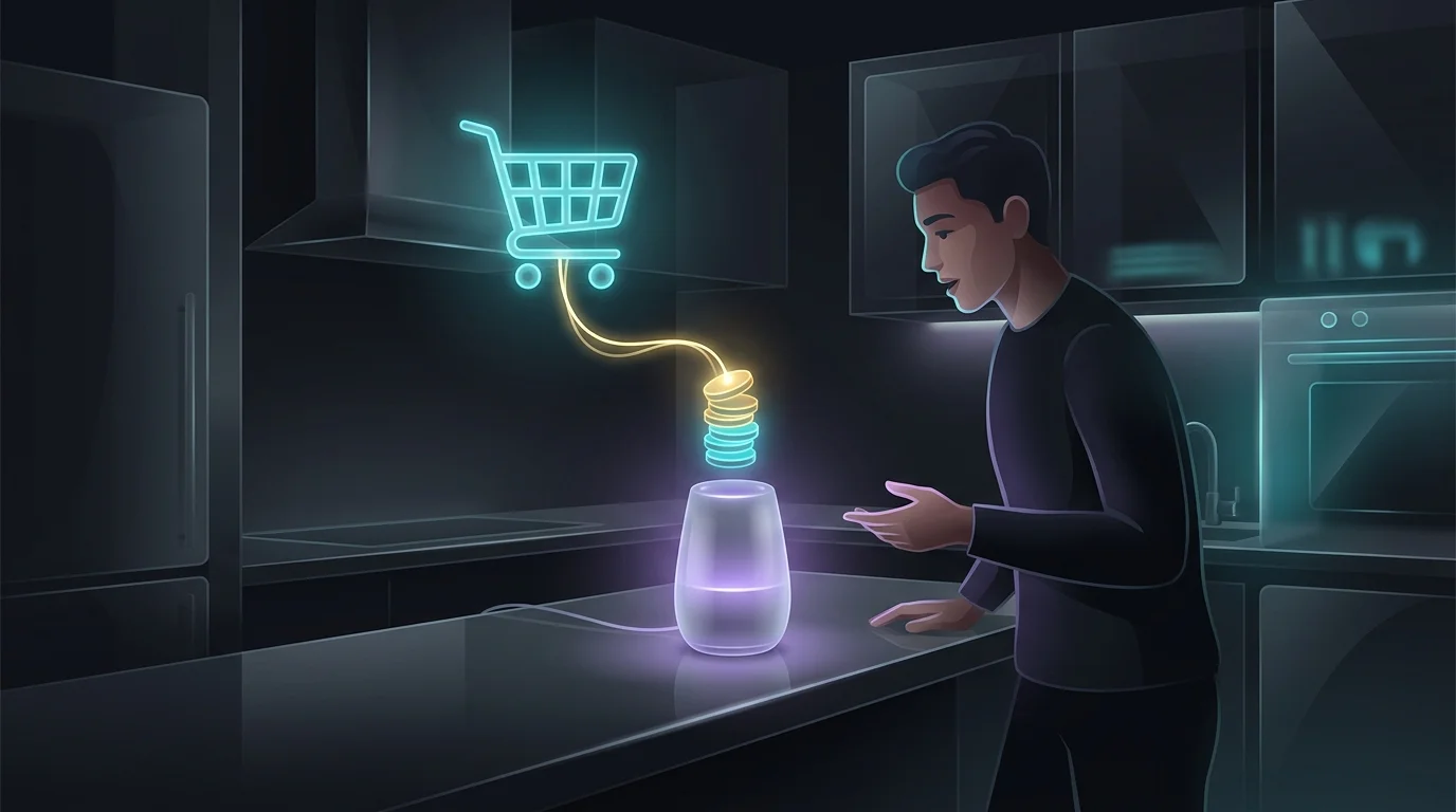 Smart speaker processing a voice command with a shopping cart icon depleting coins to illustrate AI spending influence.