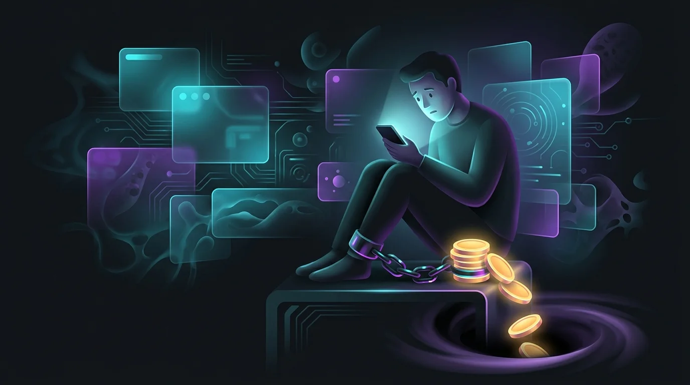 Person looking at a smartphone while chained to coins slipping down a drain, illustrating the link between mood and money.