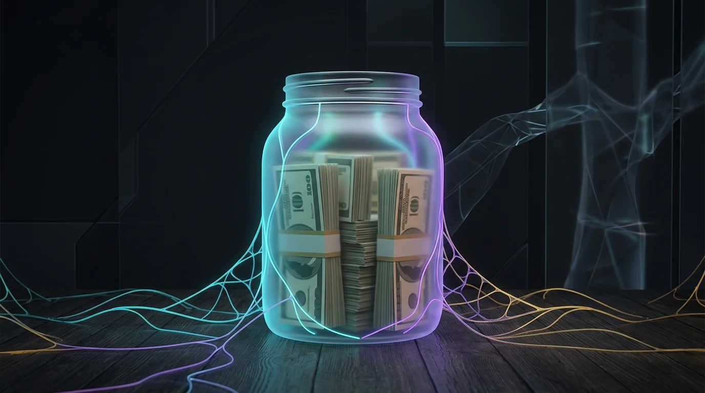 Glass jar with cash savings on a wooden table to build an emergency fund for financial anxiety.