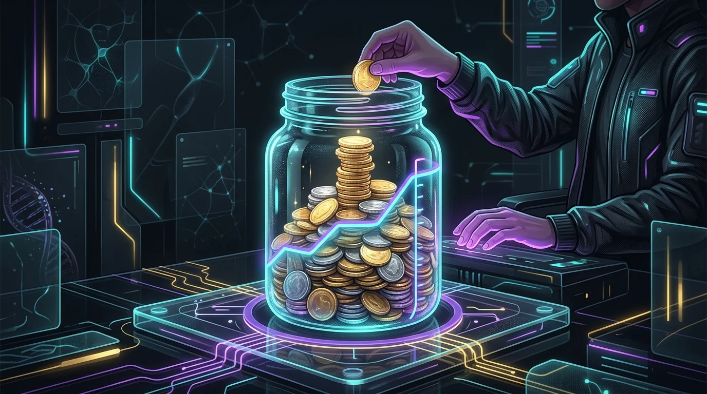 Person stacking coins into a savings jar to build an emergency reserve for financial security.