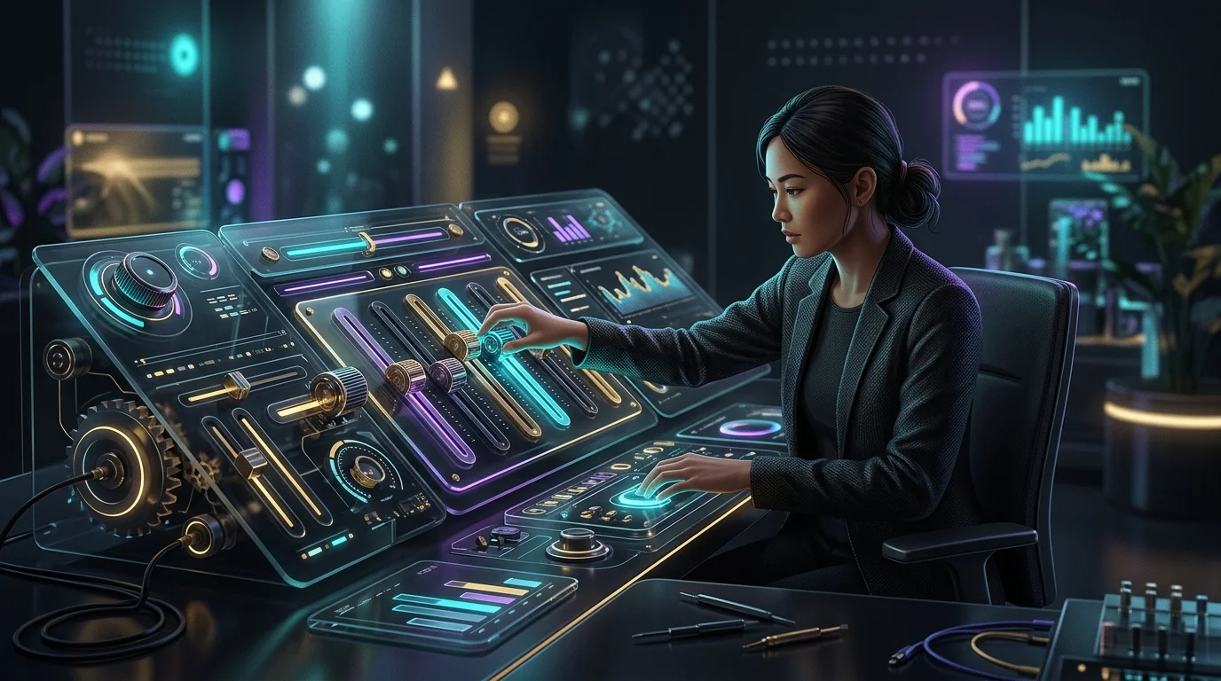 Person adjusting a glowing mechanical dashboard to recalibrate monthly financial goals and reduce financial anxiety.
