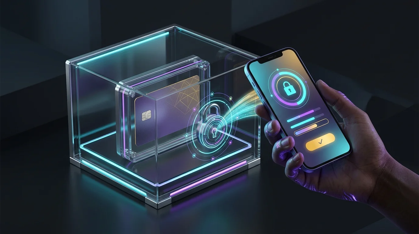 Smartphone screen showing a banking app locking a credit card inside a digital vault to prevent revenge spending.