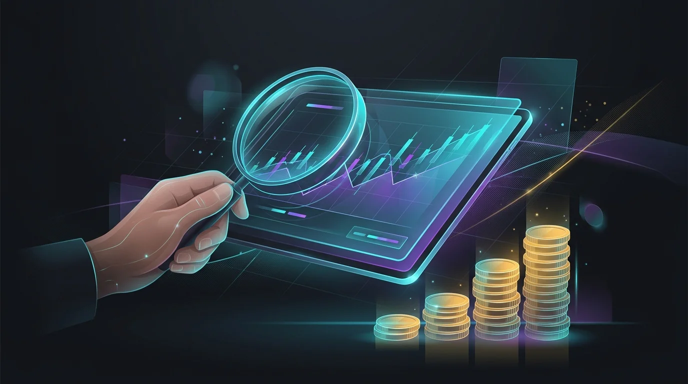 Magnifying glass over a financial chart on a tablet, symbolizing careful testing of an ADHD money management system.