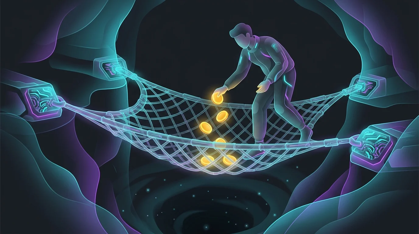 A person placing gold coins into a safety net to protect their financial future and build a stable money mindset.