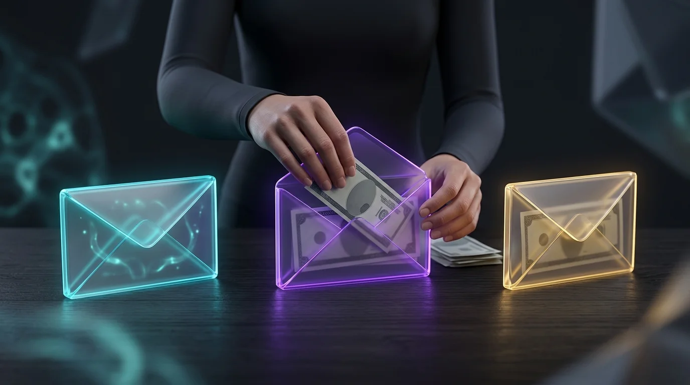 Person using the 50/30/20 rule to organize cash in envelopes for better financial healing and money habits.