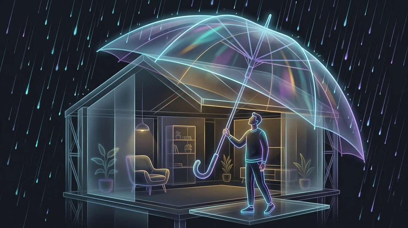 Homeowner holding a large umbrella over their house to represent comprehensive homeowners insurance coverage.