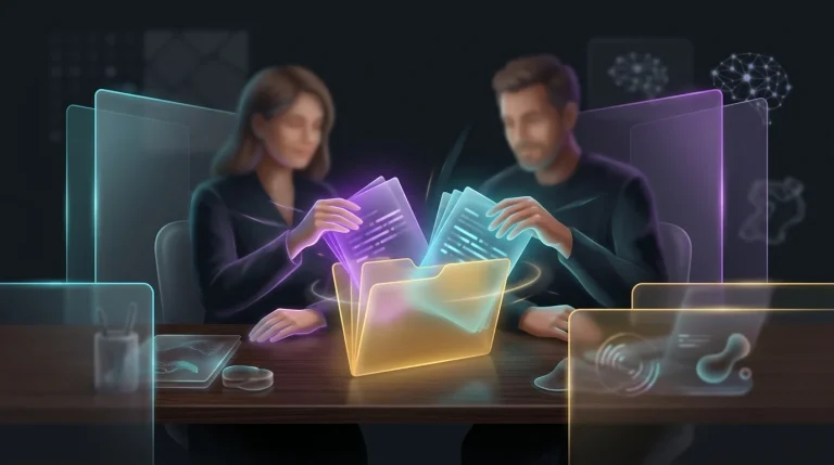 Couple organizing insurance documents into a single folder to manage shared finances and insurance tools.