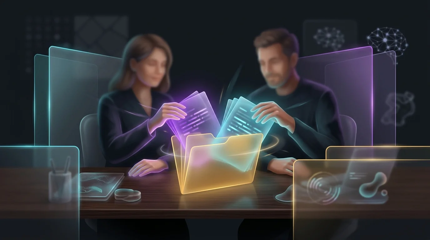 Couple organizing insurance documents into a single folder to manage shared finances and insurance tools.