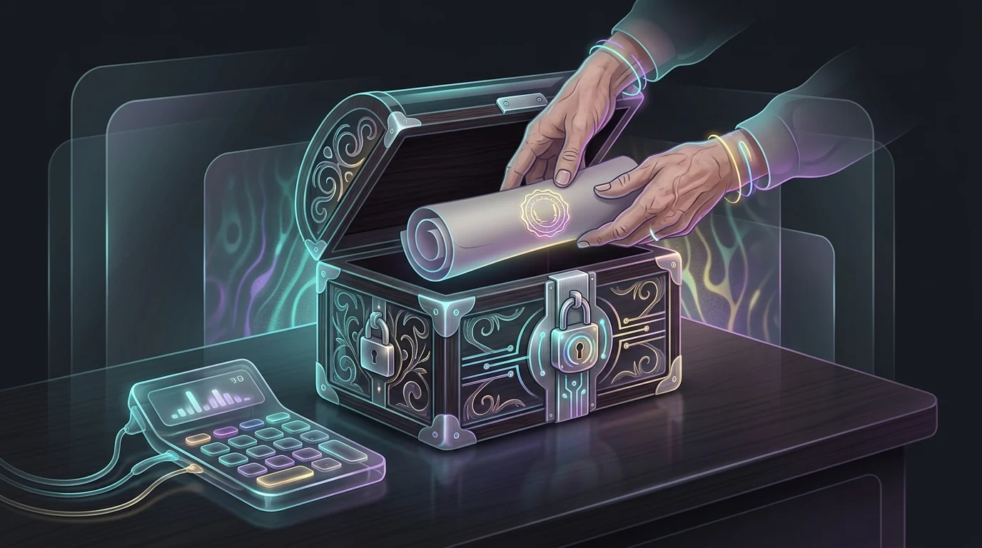 Elderly person placing estate planning documents in a secure box next to a retirement savings calculator.