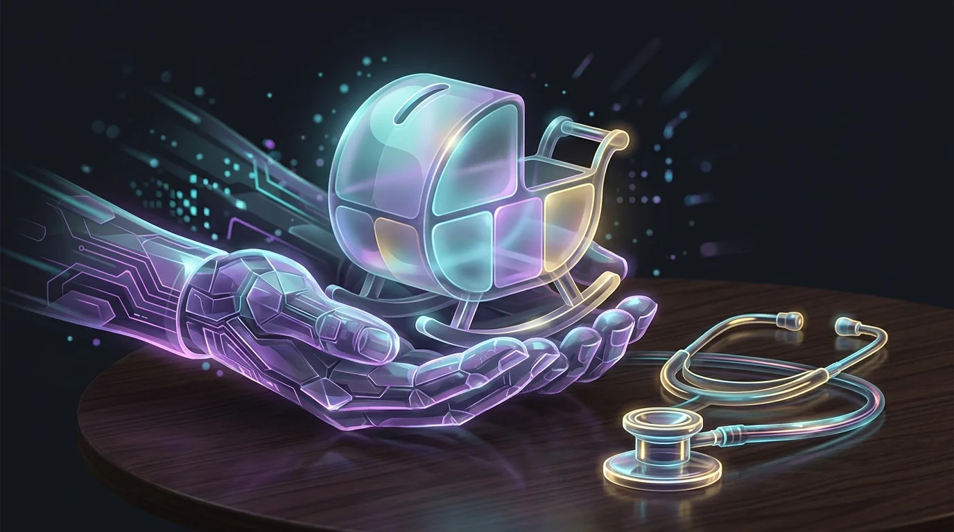Hands cradling a cradle-shaped piggy bank and stethoscope to represent term life insurance for a growing family.